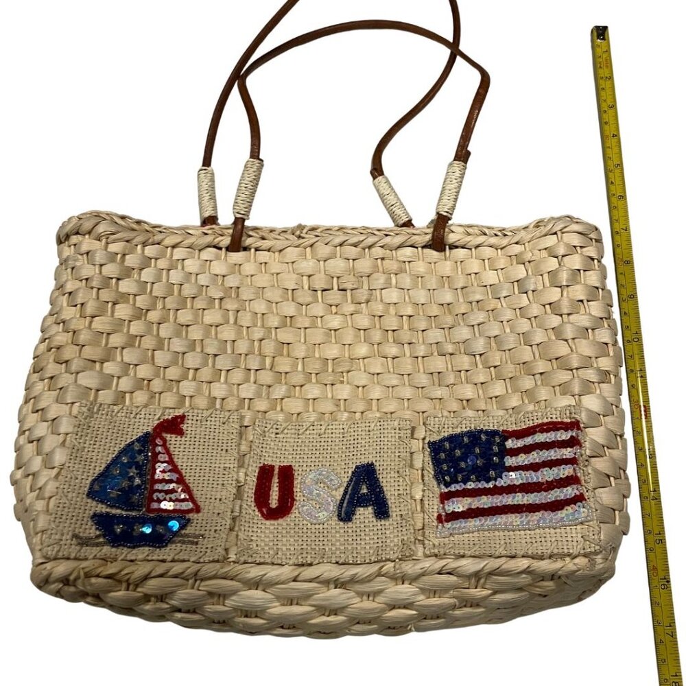 QVC Cornhusk Straw Patriotic USA Purse with Sequin Details and Leather Handles - Picture 3 of 8